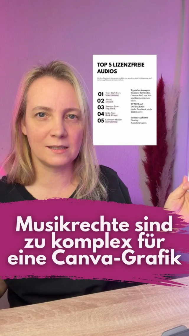 Die gefährlichsten Tipps zu Musikrechten sehen oft völlig harmlos aus.
Grafiken wie diese kursieren gerade überall auf Instagram.
Eine schnelle Übersicht, ein paar Künstlernamen, ein paar einfache Regeln. Und schon hat man das Gefühl, auf der sicheren Seite zu sein.
Musikrechte funktionieren so nicht.
Ein Künstler kann gleichzeitig Songs in der Meta Sound Collection haben und andere Songs, die kommerziell nicht verwendet werden dürfen.
Auch die Accountart entscheidet nicht über Nutzungsrechte.
Bei einer Plattformen wie Canva stehen hinter vielen Inhalten unterschiedliche Lizenzgeber mit eigenen Nutzungsbedingungen.
Ich unterstelle niemandem böse Absicht.
Aber genau solche Vereinfachungen sorgen dafür, dass Creator in rechtliche Probleme bekommen.
Ich beschäftige mich seit mehreren Jahren intensiv mit Musikrechten auf Social Media und bekomme regelmäßig Nachrichten von Creatorn, die genau wegen solcher Missverständnisse verunsichert sind oder bereits Post von Rechteinhabern bekommen haben.
Zusammen mit @richmlwd.music habe ich dazu einen ausführlichen Guide geschrieben.
Wenn du dich wirklich sicher bewegen willst, beschäftige dich mit den tatsächlichen Lizenzbedingungen der Plattformen und der Musik, die du verwendest.
Und für eine individuelle rechtliche Einschätzung deines Accounts gilt wie immer: Im Zweifel einen Fachanwalt fragen.
Musikrechte sind zu komplex für schnelle Listen. 
Wenn dir solche Grafiken begegnen, schick dieses Reel weiter.
�_____________________________
Für mehr Tipps rund um die gewerbliche Nutzung von Instagram, Reels, Storys, Kurzvideos, Instagramwachstum, lizenzfreie Musik bist du hier goldrichtig.