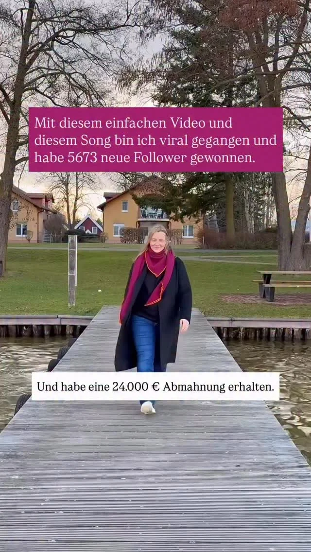 Ich habe leider nicht beachtet, dass ich als nicht privater Account, die Musikbibliothek nicht benutzen darf. So bekam ich eine Abmahnung wegen einer Urheberrechtsverletzung mit einer Schadenersatz-Forderung in Höhe von 24.000 Euro. 
Bevor du weiterliest: Dieser Song hier ist 100% sicher.
„Mit diesem Song und diesem Video habe ich das und das erreicht.“ Diese Reels von Business- oder Insta-Mentoren sind gerade wieder sehr beliebt. Leider beachten sie bei ihren Tipps die Nutzungsbedingungen so gar nicht und schicken ihre Communities so ins offene Messer. Denn es sind immer Songs, die nicht für die kommerzielle Nutzung lizenziert wurden. 
Hier die einfachste Faustregel, dass du keine Abmahnung kassierst: 
1. Nutze nur die Meta Sound Collection (bei Insta sind diese Songs mit „RF“ gekennzeichnet)
2. Oder die beste Alternative @community_creator_music 
3. Es betrifft immer deinen gesamten Content und nicht nur Werbe-Reels. Auch ein harmlos privat wirkendes Reel dient dem Vertrauensaufbau und sollte lizenzgebührenfreie Musik enthalten. 
Alles andere kannst du getrost vergessen. Keine Remixe, keine Original-Audios, kein das ist privat und das nicht, nichts, nur die 3 Punkte oben und du bist sicher. 💯 
Und natürlich war das nur eine Hook. 24.000 Euro Abmahnung ist zwar realistisch, aber ich habe sie natürlich nicht bekommen. Ich kläre hier seit über 3 Jahren über dieses Thema auf. 
Und dieser Song hier ist natürlich auch 100% sicher. Also nutze ihn! Von @nadaro.official über @community_creator_music . Nur die Markierung nicht vergessen 😉
____________________________________
Für mehr Tipps rund um die gewerbliche Nutzung von Instagram, Reels, Storys, Kurzvideos, Instagramwachstum, lizenzfreie Musik bist du hier goldrichtig.