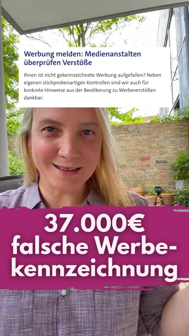 Werbung (Gratiszugang + Affiliate-Kontext)
37.000 € wegen falscher und fehlender Werbekennzeichnung.
Das ist leider kein Einzelfall.
Viele denken, es reicht, wenn man irgendwo „Werbung“ hinzuschreibt.
Dem ist nicht so. 
Es geht gar nicht nur darum, ob du kennzeichnest, sondern tatsächlich auch wie. Sie sollte sofort erkennbar sein, also gut sicht- und lesbar. Auch Schriftart, -farbe und -größe sind neben der Platzierung und Formulieren wichtig. 
Falsche und fehlende Kennzeichnung kann von jedem gemeldet werden.
Die Medienanstaltungen rufen aktiv dazu auf. 
Beispiel: 
Ich nutze @alfima.io .
Ich bekomme dort einen Gratiszugang
und nutze Affiliate-Links (auch wenn hier keiner drin ist).
Deshalb kennzeichne ich die Beiträge als Werbung.
Fehlende oder schlechte Kennzeichnung kann kurzfristig besser performen.
Langfristig kann sie dich aber richtig Geld kosten.
Wenn es Werbung ist, sag es und zwar so, dass es keiner übersehen kann.
🌺 Wenn du dich das Thema interessiert, 
trage dich in meinen Newsletter ein. Kommentiere einfach mit NEWSLETTER
Quelle: TikTok Hanadi Diab https://vm.tiktok.com/ZGdHAXspV/
____________________________
Für mehr Tipps rund um die gewerbliche Nutzung von Instagram, Reels, Storys, Kurzvideos, Instagramwachstum, lizenzfreie Musik bist du hier goldrichtig.