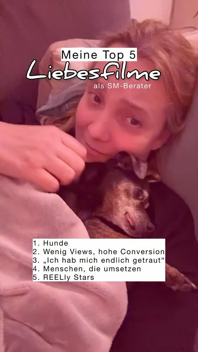Statt Horror lieber Liebesfilme 😍
1. Hunde 
Dem ist nichts hinzuzufügen.
2. Wenig Views, hohe Conversion
200k Views fühlen sich super an, Verkäufe aber besser.
3. „Ich hab mich endlich getraut.“ 
Zu sehen, wie Menschen sich plötzlich filmen, sprechen, und auch posten, obwohl sie vorher Angst hatten, ist jedes Mal verrückt. All das passiert in der REELly Mut Challenge. Übrigens, die nächste startet bald wieder.
4. Menschen, die umsetzen
Mutige Menschen, die trotz Unsicherheit loslegen, sind meine absoluten Lieblings-Menschen im Internet.
5. REELly Stars 
Meine REELly Stars zu sehen, wie sie mutig werden, umsetzen und wachsen, ist mit ziemlicher Sicherheit mein persönlicher Lieblingspart an dem Ganzen hier. Menschen aufblühen zu sehen wird für mich einfach nie normal.
Kommentier mit MUT für die ersten Infos zur nächsten Mut-Challenge 🌺
________________
Für mehr Tipps rund um die gewerbliche Nutzung von Instagram, Reels, Storys, Kurzvideos, Instagramwachstum, lizenzfreie Musik bist du hier goldrichtig.