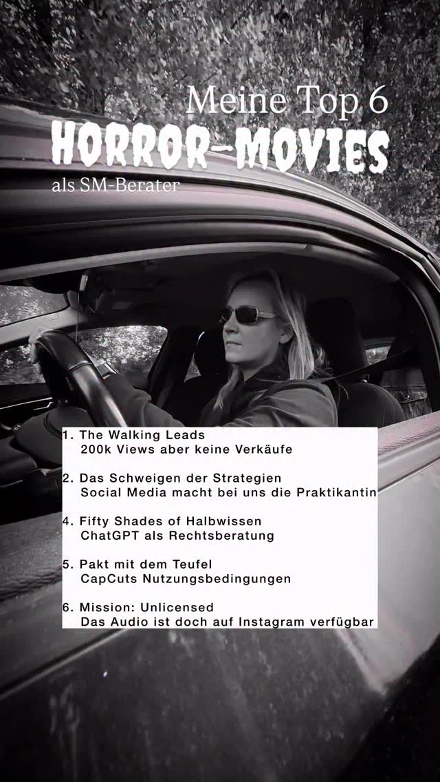 I know, Nr. 3 👀
Meine fehlende Nummer 3 war mir ehrlich gesagt viel zu schlimm.
Nörgler Things
Menschen, die wirklich aus allem ein Problem machen und an allem und jedem rumnörgeln. An Instagram, an der Politik, am Wetter, am Leben. Selbst unter einem süßen Hundevideo schaffen sie es noch, schlechte Laune zu verbreiten. 
Das ist mein ganz persönlicher Horrorfilm. 🧟‍♀️
________________
Für mehr Tipps rund um die gewerbliche Nutzung von Instagram, Reels, Storys, Kurzvideos, Instagramwachstum, lizenzfreie Musik bist du hier goldrichtig.