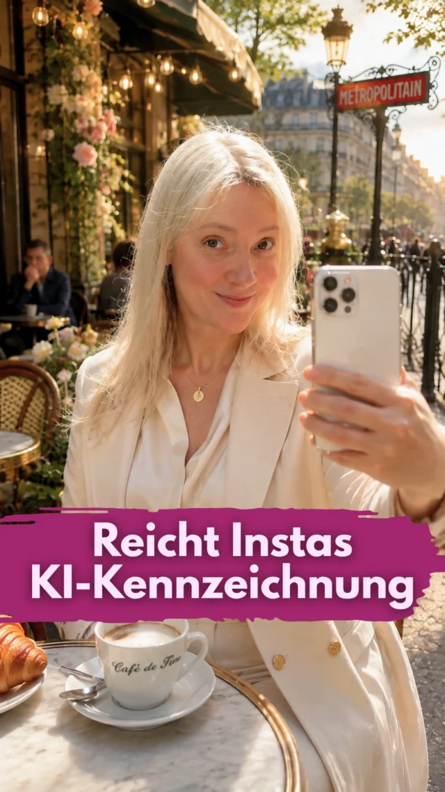 Reicht die KI-Kennzeichnung von Instagram aus?
Das ist bisher leider nicht ausdrücklich geklärt oder formuliert.
Die Leitlinien der EU-Kommission verlangen, dass die Kennzeichnung klar und rechtzeitig erkennbar ist. 
Ob die KI-Info von Insta ausreicht, ist nicht ganz klar.
Ich würde auf Nummer sicher gehen und zusätzlich den Hinweis „KI-generiert“ oder „Mit KI bearbeitet“ im Video oder im Bild einfügen.
Und bitte verlass dich nicht darauf, dass Instagram deine KI-Inhalte automatisch erkennt. Es reicht eine kleine Bearbeitung, zB in Canva, und es kann sein, dass der Hinweis gar nicht erst erscheint.
Mit FUTURA in den Kommentaren kannst du dir meinen kostenlosen KI-Guide für Creator sichern.
________________
Hi, ich bin Manja.
Für Tipps rund um die gewerbliche Nutzung von Instagram, Reels, Storys, Kurzvideos, Reichweitenaufbau und Musikrechte bist du hier genau richtig.